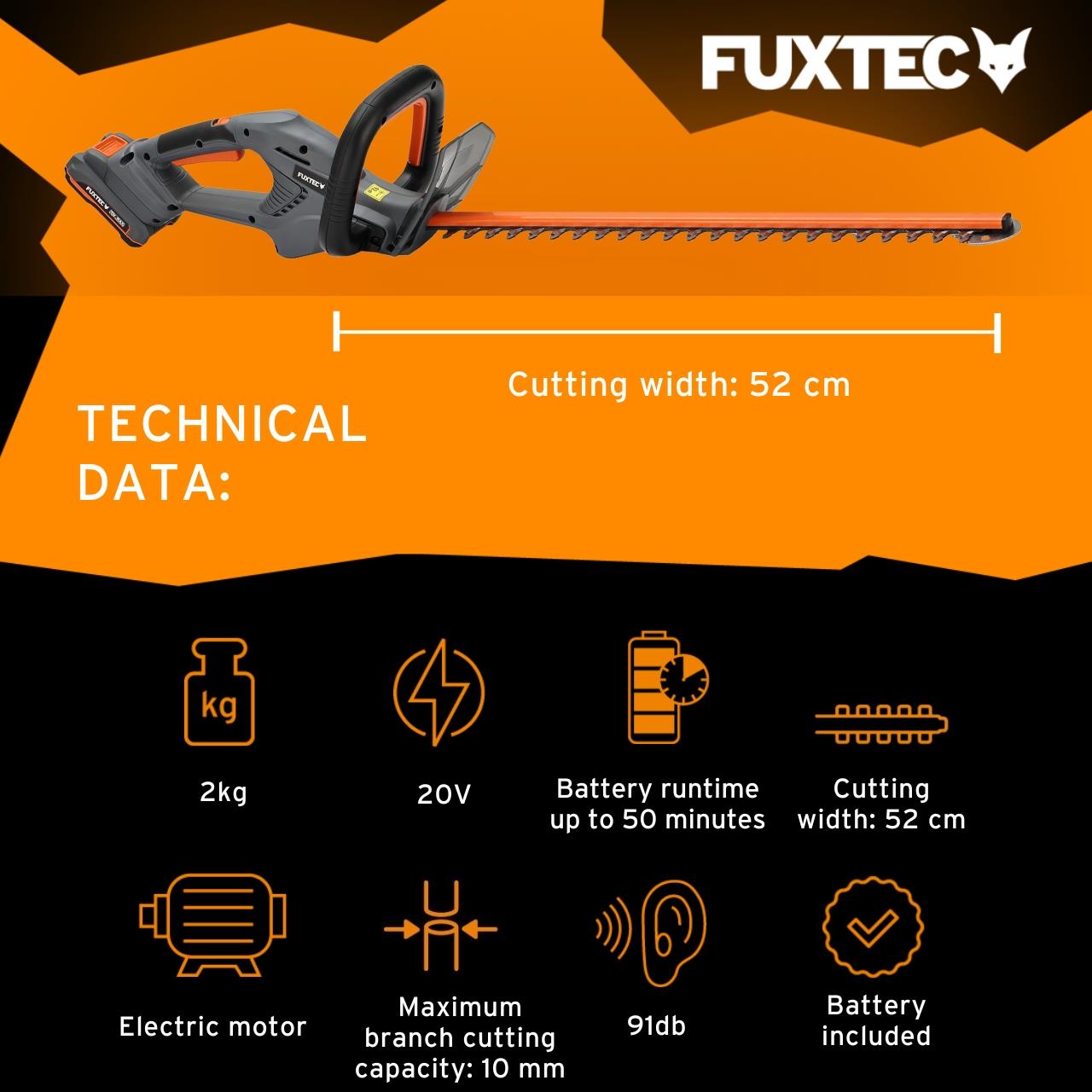 FUXTEC Cordless Hedge Trimmer FX-HT20 SET – 52cm cut Length
