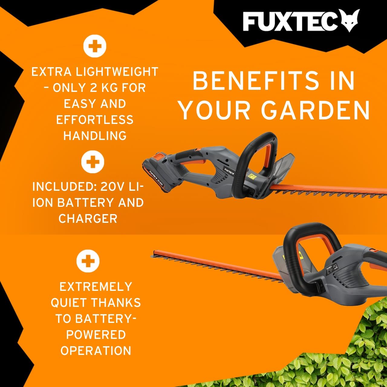 FUXTEC Cordless Hedge Trimmer FX-HT20 SET – 52cm cut Length