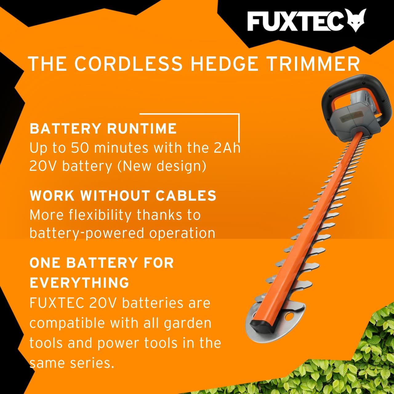 FUXTEC Cordless Hedge Trimmer FX-HT20 SET – 52cm cut Length