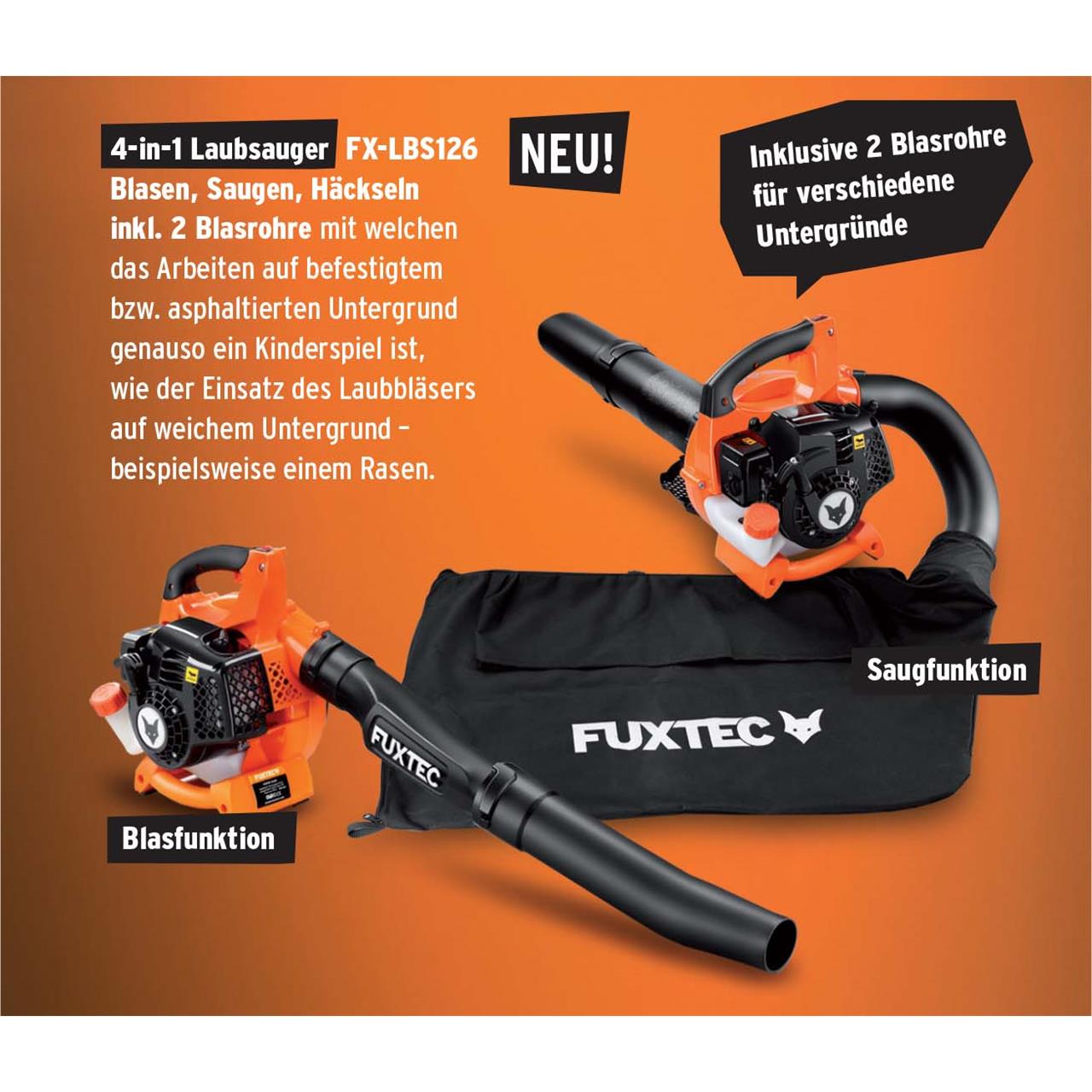 FUXTEC FX-LBS126 4-in-1 leaf vacuum, leaf blower, leaf shredder, including two blow pipes