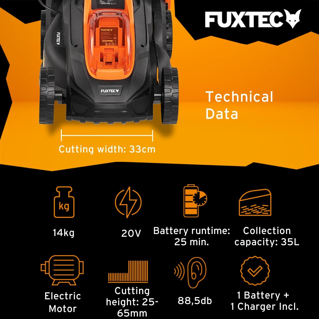 FUXTEC Cordless Lawn Mower FX-LM2030SET-UK – 20V Battery Mower 33cm Cutting Width