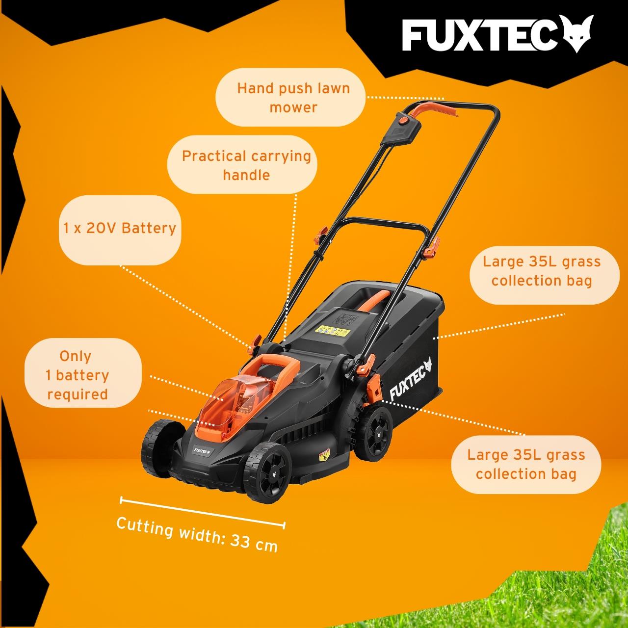 FUXTEC Cordless Lawn Mower FX-LM2030SET-UK – 20V Battery Mower 33cm Cutting Width